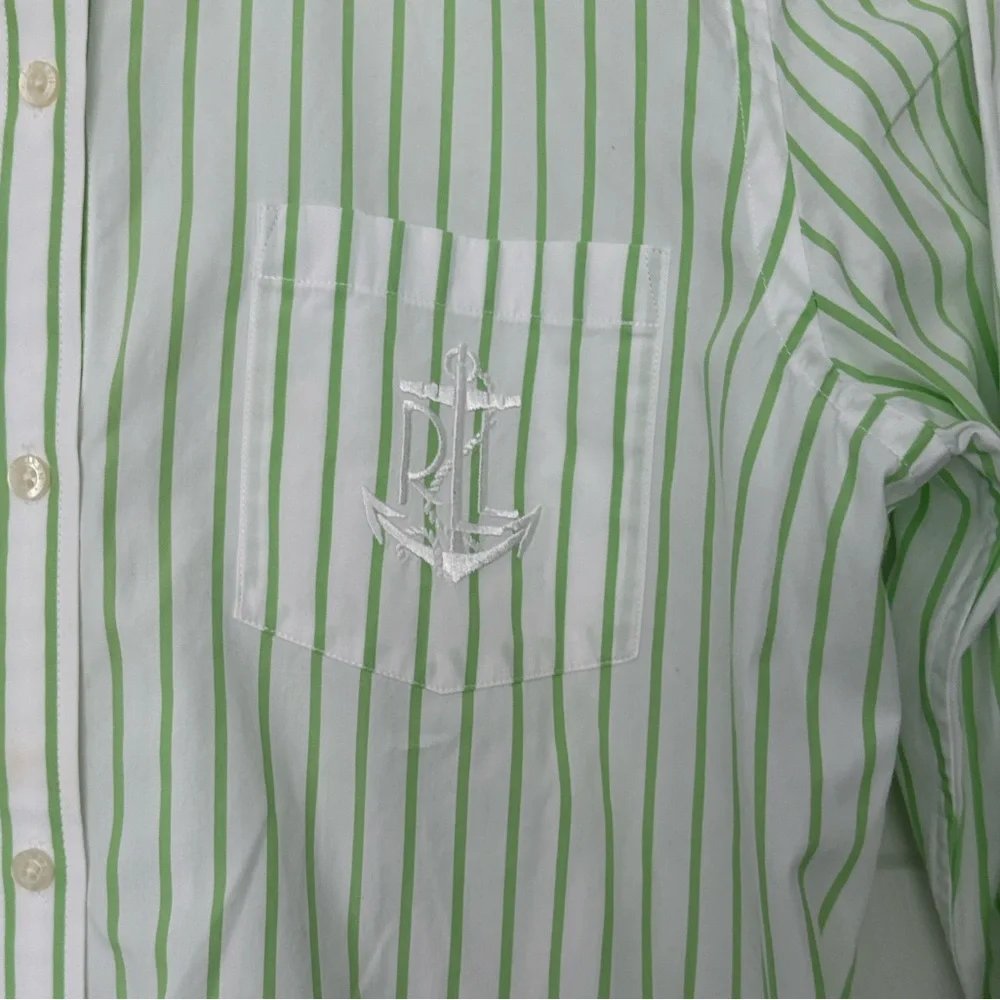 Ralph Lauren Green and White Striped Button Down Shirt Size Medium - Picture 4 of 9